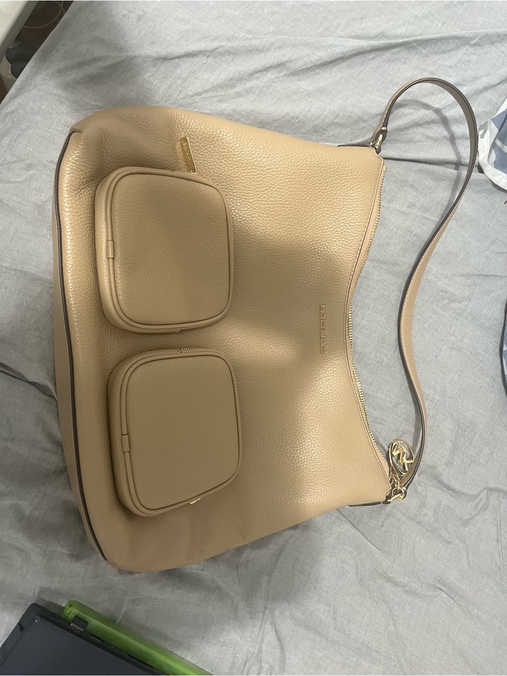 Beige Leather Shoulder Bag with Dual Front Pockets